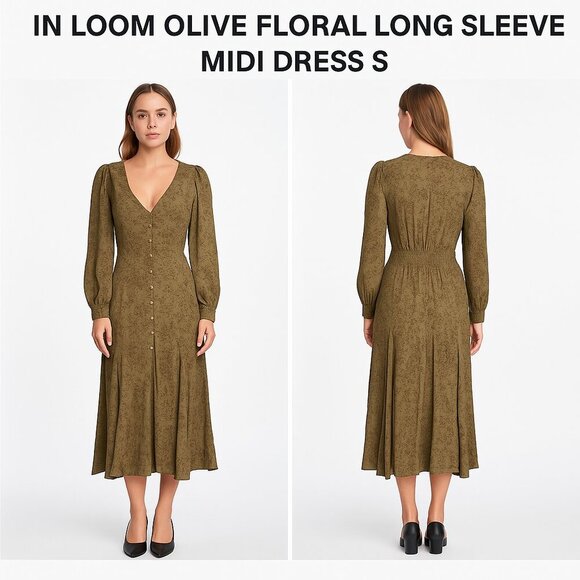 IN LOOM OLIVE FLORAL LONG SLEEVE MIDI DRESS S - Picture 1 of 9